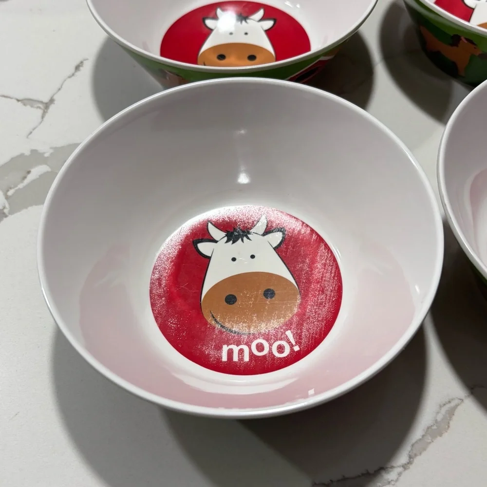 Plastic Green White Red Farm Themed Bowls Set Of 4 Dessert Cups Cow Horse Barn